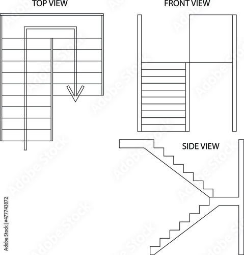 Illustration vector graphic of stairs, top view of stairs, side view, and front view of stairs good for your home design