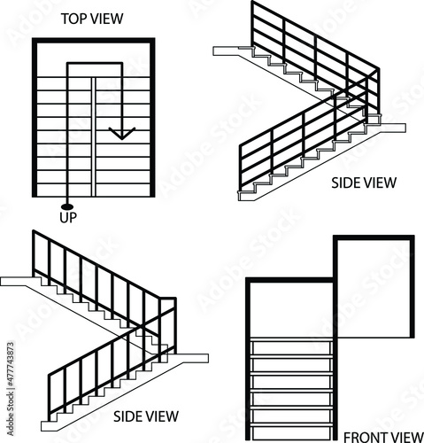 Illustration vector graphic of stairs, top view of stairs, side view, and front view of stairs good for your home design