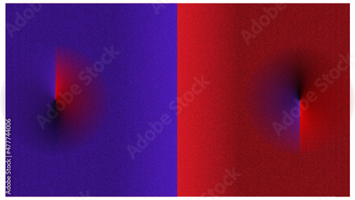Red and blue balancing color art. Object peeking up from behind.
