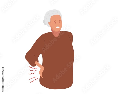 Back pain. Upset mature old woman holding her lower back. Sad senior aged lady suffers from unbearable pain. Upset female suffer having injury, spine damage. Flat vector illustration. Physical injury