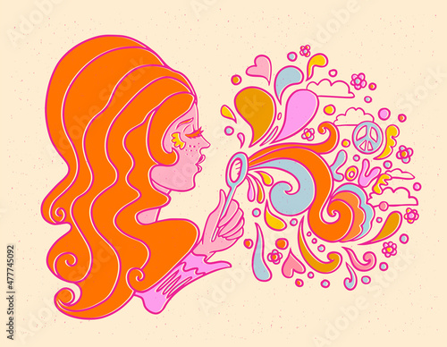 hippie girl blowing soap bubbles, vector illustration, 70s art