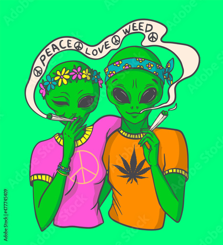 Fototapeta Naklejka Na Ścianę i Meble -  Hippie aliens smoke joints, girl and guy, psy art