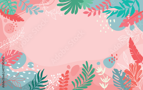 Design banner frame flower Spring background with beautiful. flower background for design. Colorful background with tropical plants. 