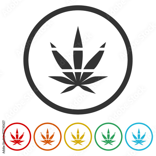 Marijuana leaf or cannabis leaf weed icon isolated on white background, color set