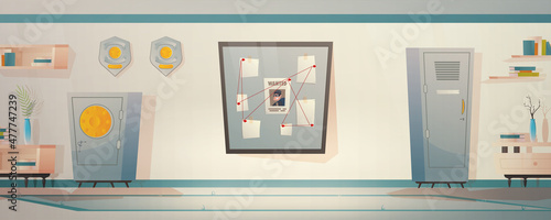 Police station or department, investigation office room interior, cartoon illustration