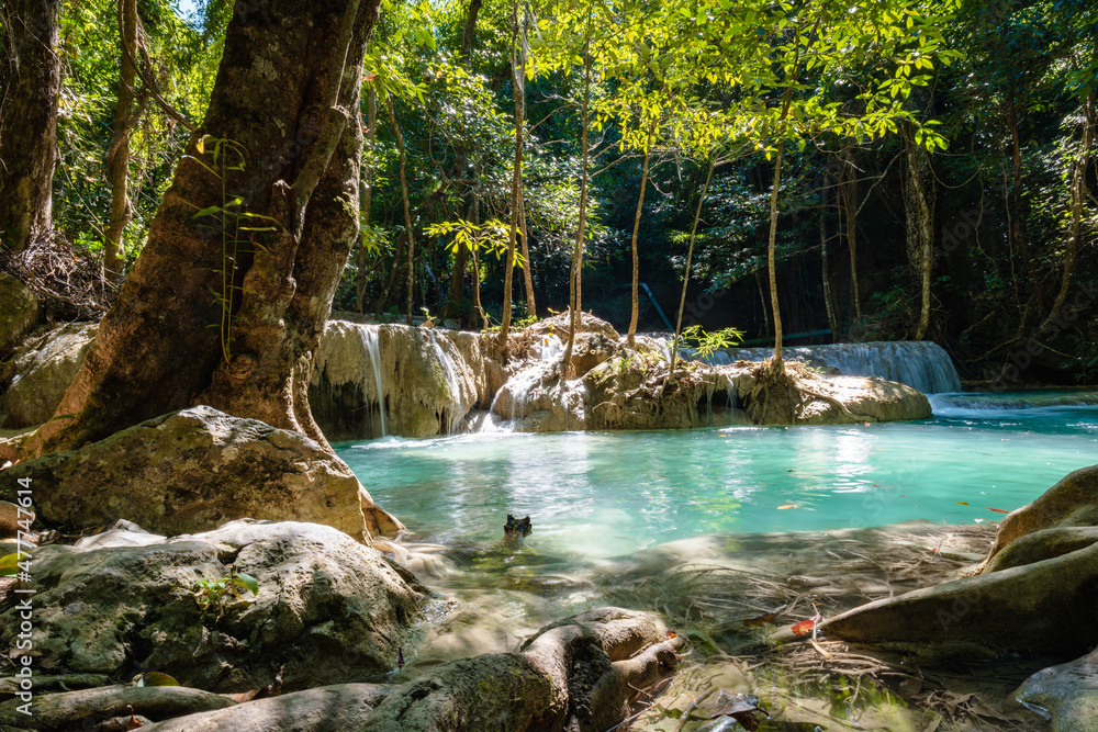 Naklejka premium Erawan National Park in Thailand. Erawan Waterfall is a popular tourist destination and famous for its emerald blue water. Deep forest in tropical climate with fantasy atmosphere. 