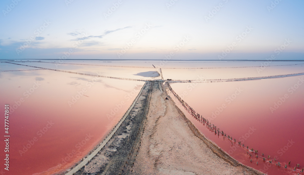 Salty pink lake with healing water. Drone view.