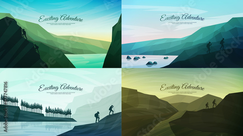 Vector illustration. Backgrounds set. Concept of discovery, exploration, hiking, adventure tourism and travel. Mountain and hills landscape. Flat design for web banner, website template. Panorama
