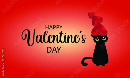 Valentine's Day greeting card. A black cute cat is holding a voluminous red heart in its paws. Declaration of love. Vector