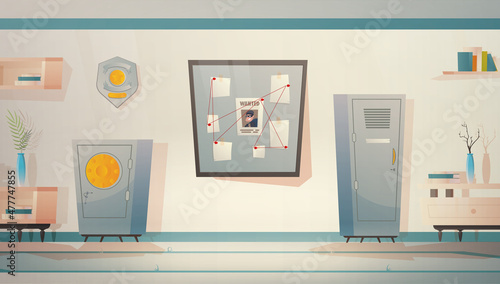 Police station or department, investigation office room interior, cartoon vector illustration.