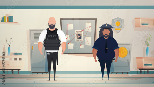 Policemen or militiamen in Police station or department, investigation office room interior, cartoon vector illustration.