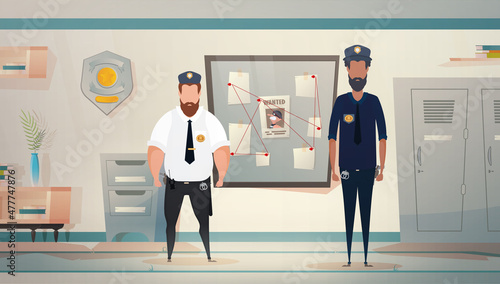 Policemen or militiamen in Police station or department, investigation office room interior, cartoon vector illustration.