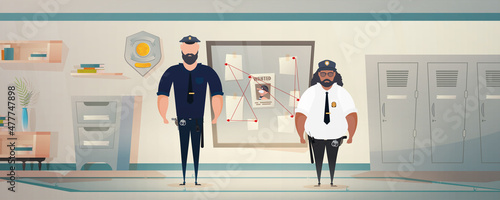 Policemen or militiamen in Police station or department, investigation office room interior, cartoon illustration. Vector