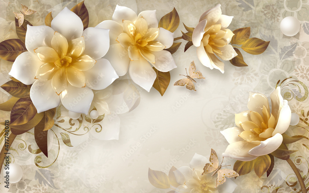 3d wallpaper white and brown jewelry flowers and butterflies on background  Stock Illustration | Adobe Stock