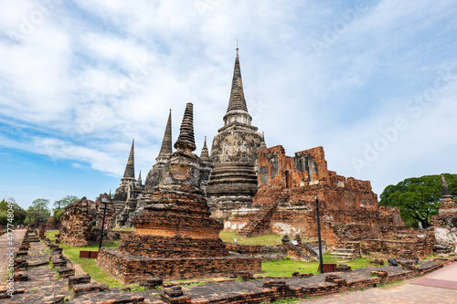 Wat Phra Sri Sanphet Temple site, ruins of majestic royal palace temple with 3 restored towers in the old capital of Thailand, Ayutthaya. © uskarp2