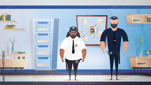 Policemen or militiamen in Police station or department, investigation office room interior, cartoon illustration.