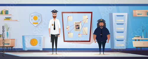 Policemen or militiamen in Police station or department, investigation office room interior, cartoon. Vector illustration