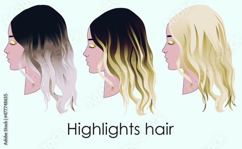 hair highlights, from dark hair to light hair, types of highlights, ombré balayage Babylights woman in beauty salon, hairdresser, hairstyle change, blonde highlights