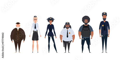 Police cop and officer security in uniform illustration. Group of police officers. Woman and man cops vector characters.