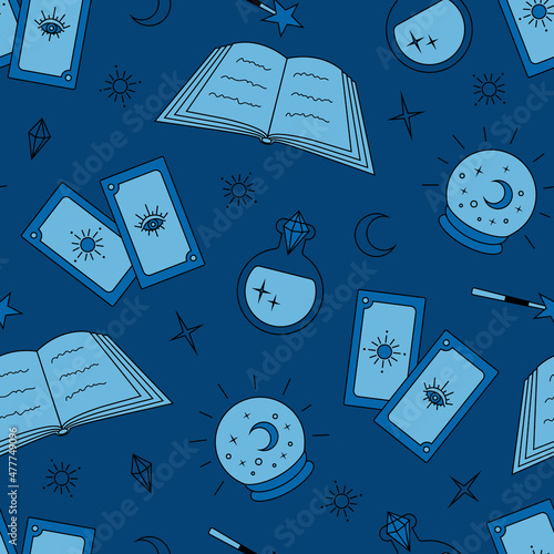 magic and divination bright seamless pattern with tarot cards on a blue background in flat style