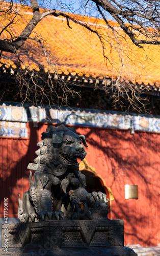 Bronze lion on the front of Yonghe Lamasery photo