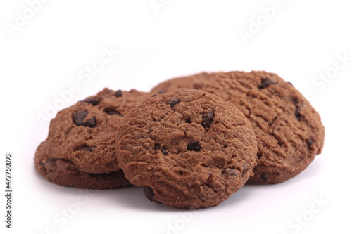 Choco chip cookies, Tasty sweet biscuit chocolate pastry, Isolated on white background 