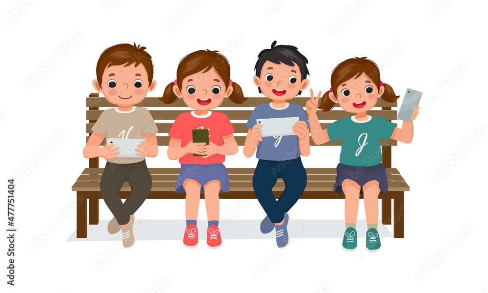 cute kids sitting on bench using smartphone and digital tablet playing game, browsing internet, chat and taking selfie with mobile phone cute kids sitting on bench using smartphone and digital tablet playing game, browsing internet, chat and taking selfie with mobile phone