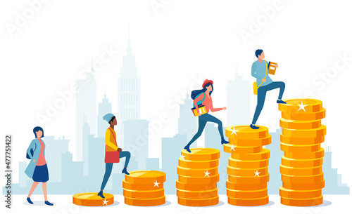 Vector of a group of students climbing up stairs made of coin piles.