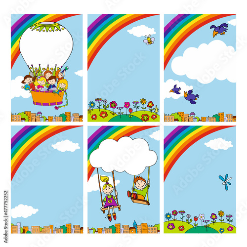 set_Postcard banner with sky clouds and rainbow_children in a hot air balloon with a hobby over the city_space for text