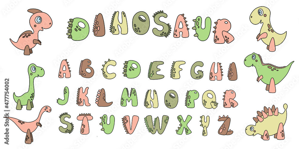 Children poster with English alphabet and 6 dinos. Vector cartoon illustrations in light green, brown and beige colors for print, kids room decor and your design.