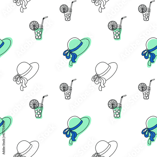 Vector seamless pattern with hat and cocktail. Illustration for wrapping paper, packaging, textile, background.