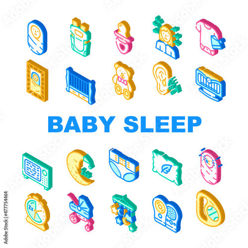 Newborn Baby Sleep Accessories Icons Set Vector. Baby Sleep In Crib Or Rocking Bed On Soft Pillow With Teddy Bear Toy, Pampers And Sling, Clothes And Stroller Isometric Sign Color Illustrations
