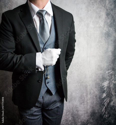 Portrait of Butler or Hotel Concierge in Dark Suit and White Gloves Eager to Be of Service. Copy Space for Elegant Hospitality and Formal Courtesy.