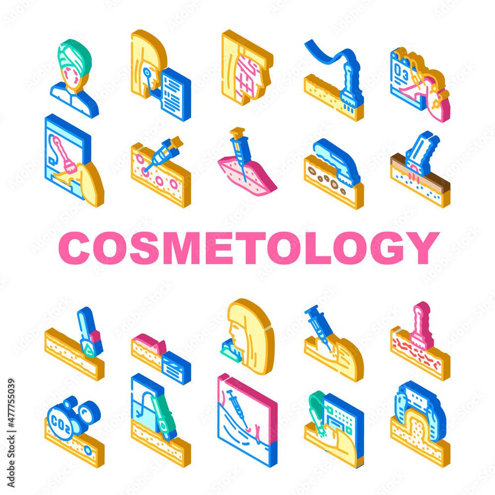 Cosmetology Treatment Procedure Icons Set Vector Complex Face Cleansing And Mesotherapy Rejuvenation Zones Cosmetology Microdermabrasion Therapy Lifting Facial Skin. Isometric Sign Color Illustrations