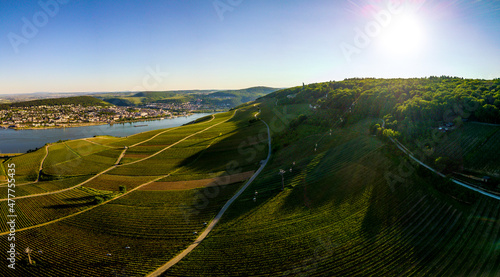 Luftaufnahme mit Drohne vom Niederwalddenkmal und Weinbergen bei Rüdesheim am Rhein während des Sonnenuntergangs and einem teilweise bewölkten Tag im Sommer, Rheingau Hessen