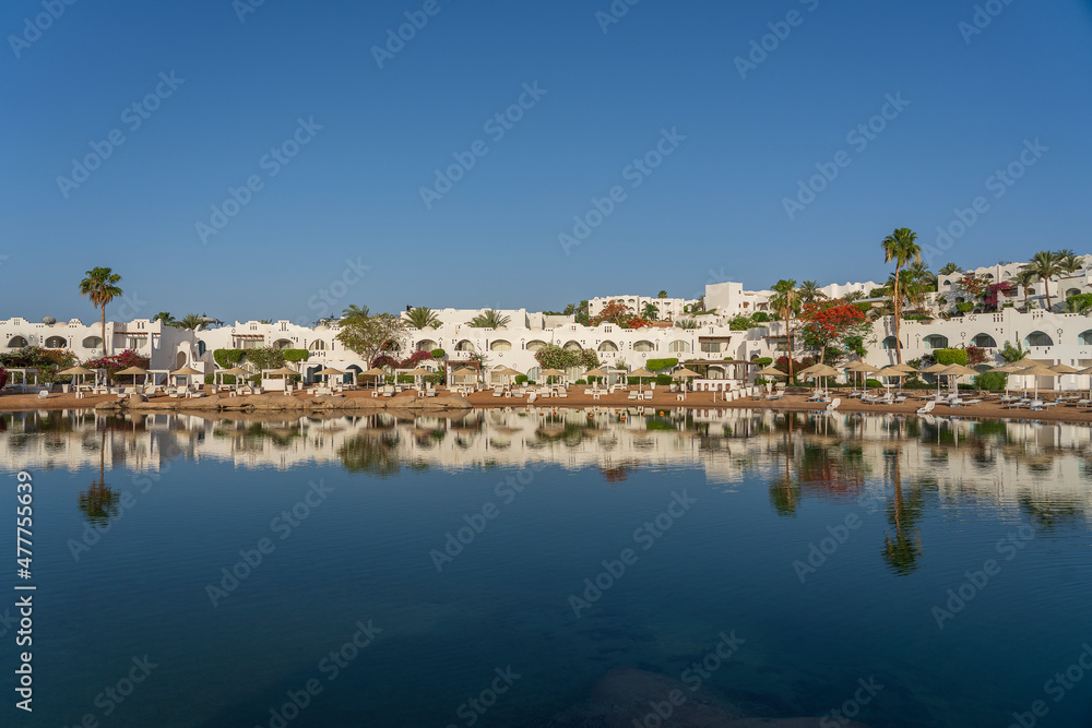 Fototapeta premium Calm beach on the red sea of Sharm El Sheikh during sunrise, Egypt