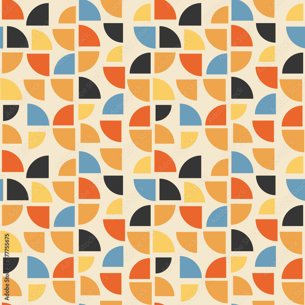 A tile made up of randomly spaced quarters of a circle. Vector with geometric quarters of different colors on a dull yellow background. Geometric decor pattern without seams. A tile made up of randomly spaced quarters of a circle. Vector with geometric quarters of different colors on a dull yellow background. Geometric decor pattern without seams.