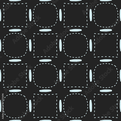 Dotted squares and circles in white and black background. Seamless decor of primitive circle and square shapes that alternate.