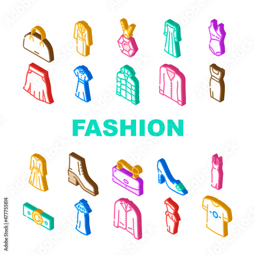 Fashion Store Garment And Shoes Icons Set Vector. Fashion Store Selling Dresses Evening Gowns And Jacket, T-shirt And Coats, Woman Bag And Belt Accessories Isometric Sign Color Illustrations