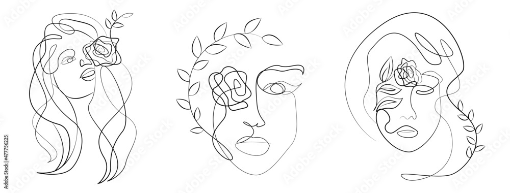 Obraz premium Women's face in one line art style with flowers and leaves. Continuous line art in elegant style for prints, tattoos, posters, textile, cards etc. Vector illustration