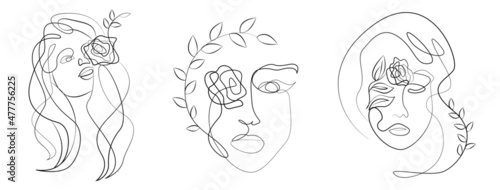 Women s face in one line art style with flowers and leaves. Continuous line art in elegant style for prints  tattoos  posters  textile  cards etc. Vector illustration