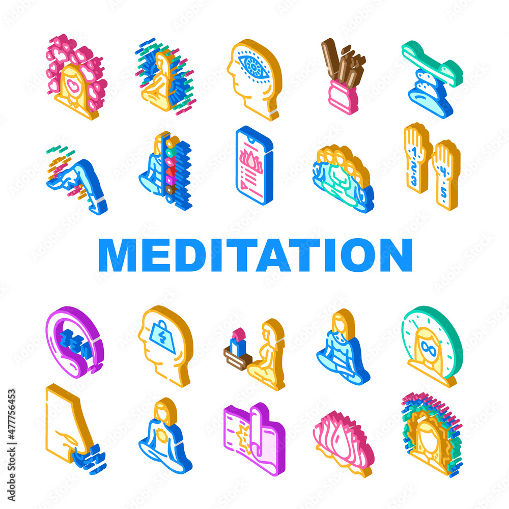 Meditation Wellness Occupation Icons Set Vector. Group And Mantra Spiritual Meditation, Aroma Therapy And Progressive Relaxation, Harmony Zen And Healthcare Breath Isometric Sign Color Illustrations