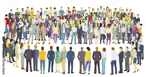 eine große Gruppe von Menschen beisammen, auf weißem Hintergrund. Illustration
