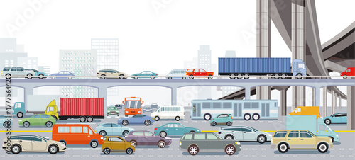 Großstadt in der rush hour mit einer Straßenkreuzung im Verkehrsstau und öffentlicher verkehr illustration