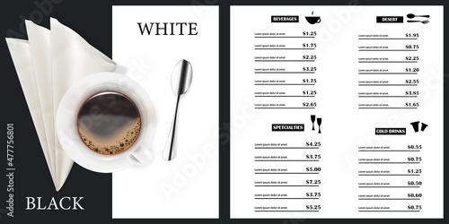 Vector menu template for restaurants and cafes. Menu cover design in black and white with a background of a hot cup of coffee and a spoon. Design of the brochure of a modern restaurant
