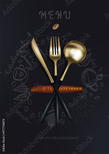 Golden fork knife and spoon on a black background with coffee silhouettes. A fashionable modern poster for a restaurant. Vector illustration of the top view.