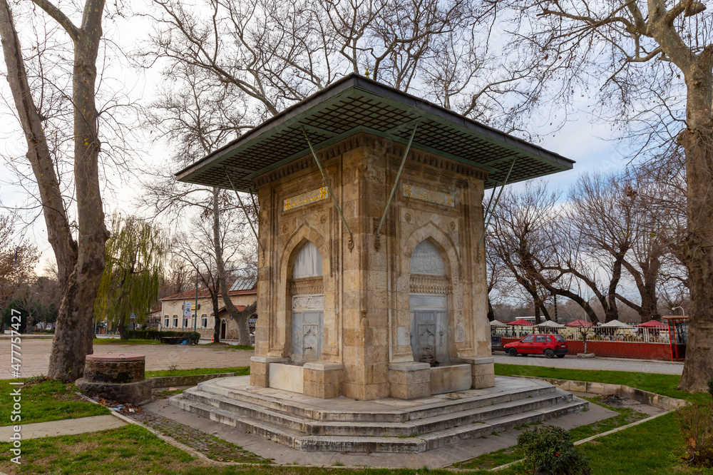 Edirne, Turkey - December 22, 2021 : Haci Adil Bey Fountain view in Edirne City of Turkey