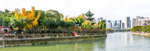 Autumn in Chengdu, Sichuan, China - Jinjiang River running past beautiful autumn trees of Wangjianglou Pavilion and Park