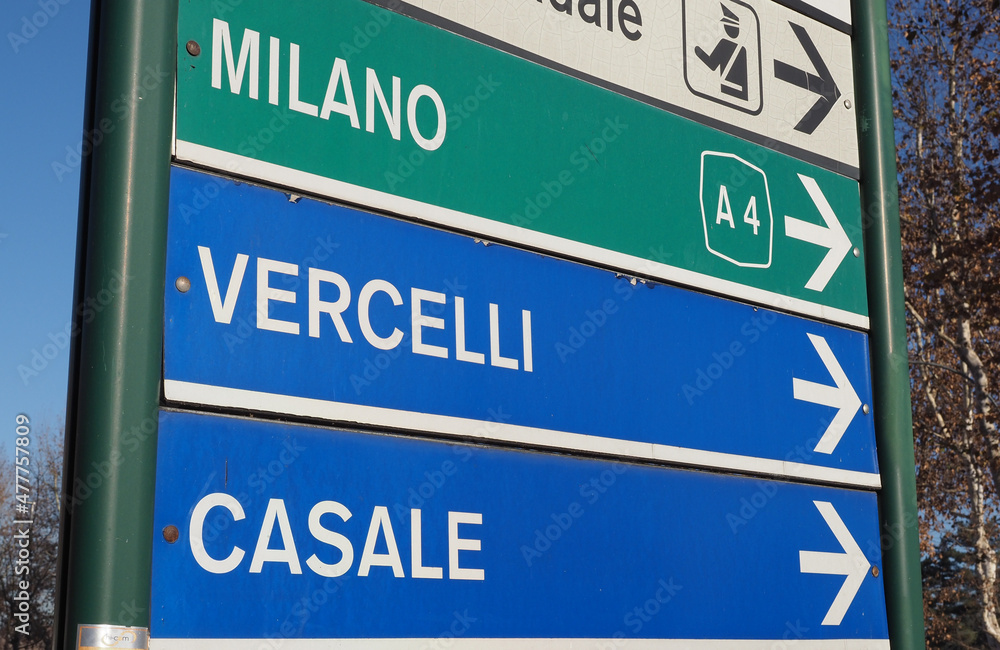 Milan Vercelli Casale direction sign Milan Vercelli Casale direction sign