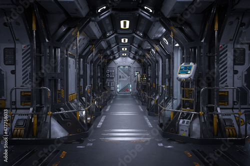 Fototapeta Naklejka Na Ścianę i Meble -  Futuristic space station or spaceship interior corridor. Science fiction concept 3D rendering.